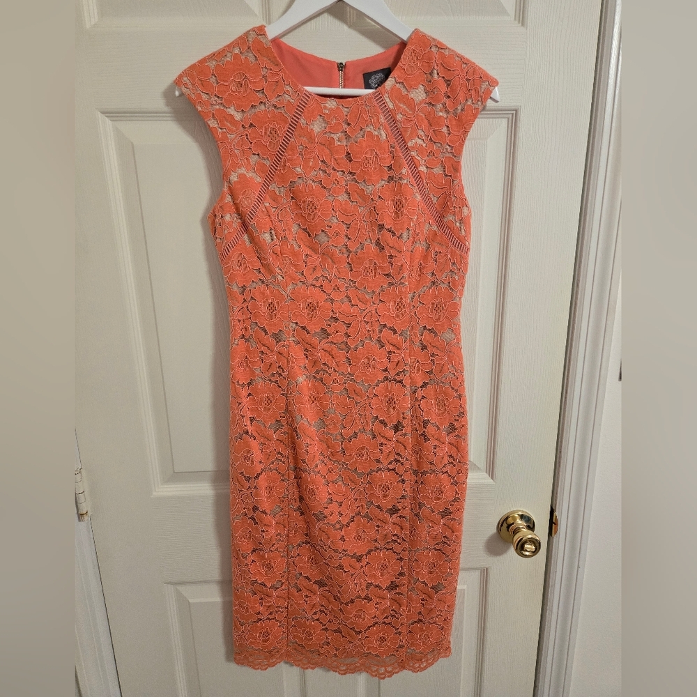 Vince Camuto Coral Orange Lace With Beige Lining Pencil Dress Size 6